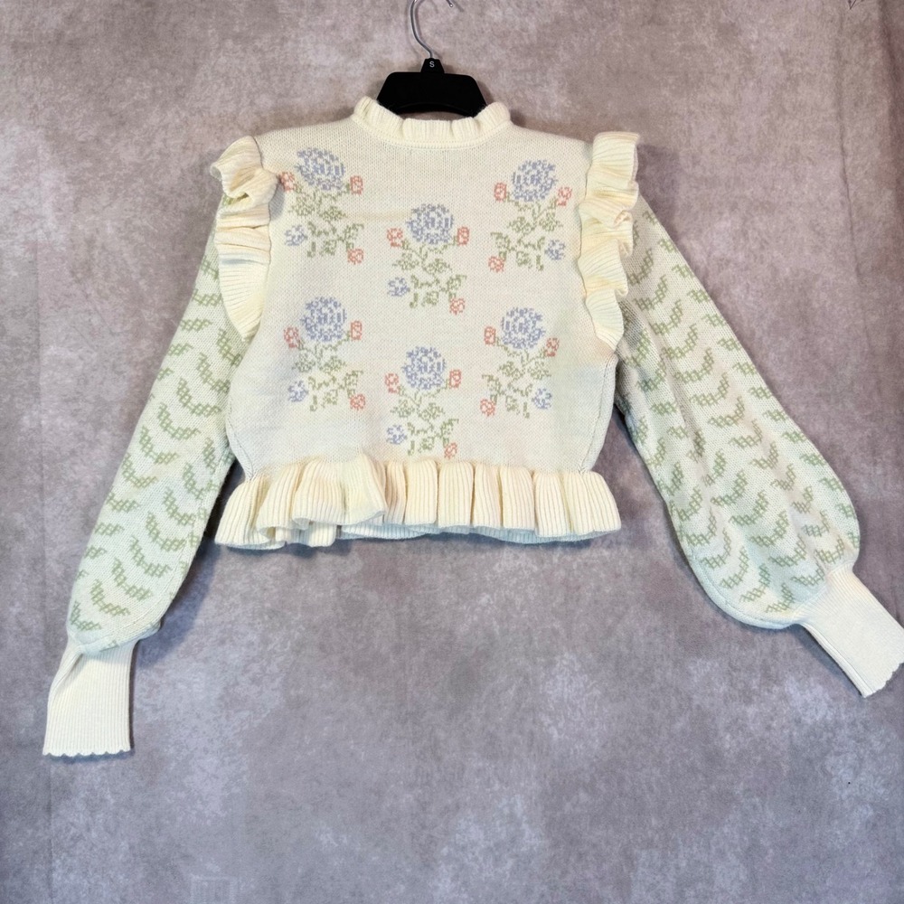 Mable 2 Piece Sweater Skirt Set Women Small Cream Floral Knit Co-ord Cottage - Picture 10 of 16
